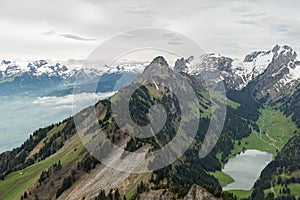 View over the Alpstein mountains from the top of the mount hoher Kasten in Switzerland