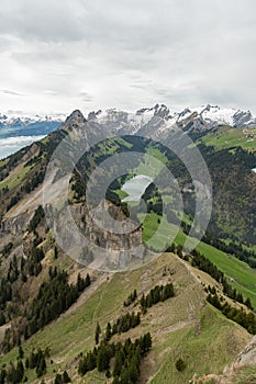 View over the Alpstein mountains from the top of the mount hoher Kasten in Switzerland