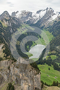 View over the Alpstein mountains from the top of the mount hoher Kasten in Switzerland