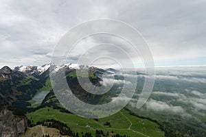 View over the Alpstein mountains from the top of the mount hoher Kasten in Switzerland