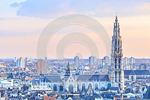 View over Antwerp with cathedral of our lady taken