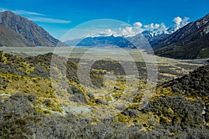 View over Aoraki/Mount Cook National Park, South Island of New Zealand