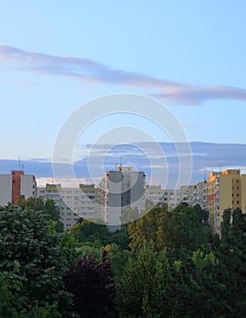 View over apartment buildings at sunset