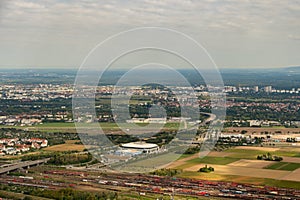 View over the area of Mannheim in Germany from a small plane