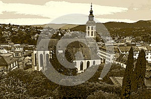 View over Baden-Baden to the old town with Stiftskirche in Retrostyle