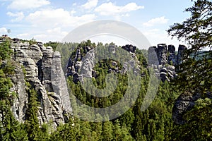 View over the Bastei rocks formation in Rathen in the Saxon Switzerland