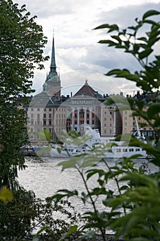 Colorful historic skyline stockholm through trees