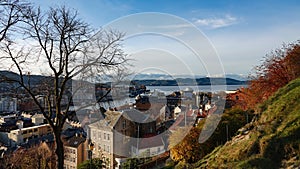 View over Bergen city and harbour from Floyen hill in Norway in Autumn