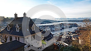 View over Bergen city and harbour from Floyen hill in Norway in Autumn