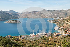 View over Bozburun village and Bozburun bay with Yesil Adasi island, near Marmaris resort town in Mugla province of Turkey