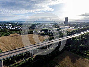 The view over bridge highway to a nuclear power plant in Germany Koblenz Andernach on sunny day