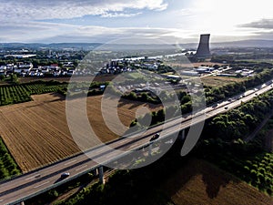 The view over bridge highway to a nuclear power plant in Germany Koblenz Andernach on sunny day