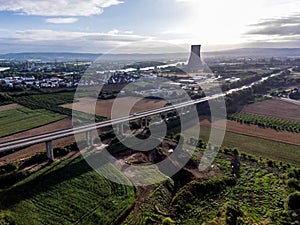 The view over bridge highway to a nuclear power plant in Germany Koblenz Andernach on sunny day