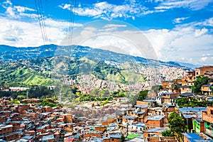 View over buildings and valley of Comuna 13 in Medellin, Colombia