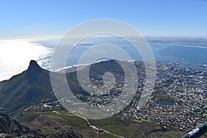 View over Cape Town with the Lions Head from the big Table Mountain in South Africa