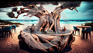 View over chairs and tables of a tropical beach restaurant with old tree and blue ocean