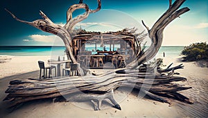 View over chairs and tables of a tropical beach restaurant with old tree and blue ocean