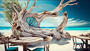 View over chairs and tables of a tropical beach restaurant with old tree and blue ocean