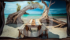 View over chairs and tables of a tropical beach restaurant with old tree and blue ocean