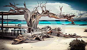 View over chairs and tables of a tropical beach restaurant with old tree and blue ocean