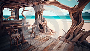 View over chairs and tables of a tropical beach restaurant with old tree and blue ocean