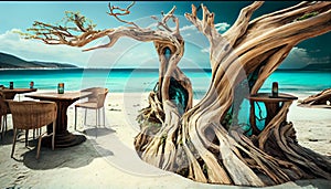 View over chairs and tables of a tropical beach restaurant with old tree and blue ocean