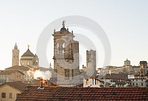 View over Citta Alta or Old Town buildings in the ancient city of Bergamo, Lombardia, Italy on a clear day.