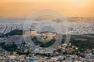 View over the city of Athens, Greece, with the Acropolis hill and the Parthenon Temple