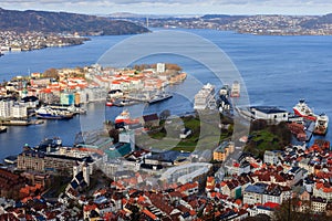 View over city of Bergen in Norway with cruise vessels and offshore vessels in the harbour