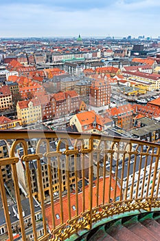 View over the city of Copenhagen from the outside stairs of the Vor Frelsers Kirke Erloeserkirche