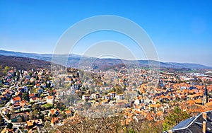 View over the city of Wernigerode with the Harz Mountains in the background. Saxony-Anhalt, Germany