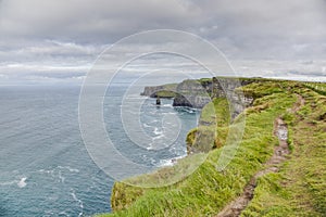 View over cliff line of the Cliffs of Moher in Ireland
