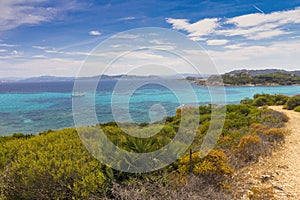 View over coastline taken from Santa Maria island in La Maddalena Archipelago, Sardinia Italy, colors of Sardinia