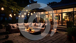 View over cozy outdoor terrace with outdoor string lights. Summer evening on the patio of beautiful suburban house with lights in