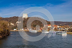 View over Danube river to Liberation Hall in Kelheim