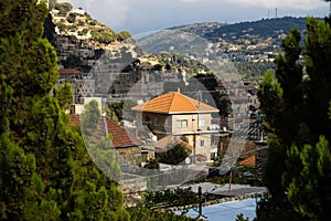 View over Deir el Qamar - houses along the mountain, Lebanon photo