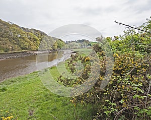 View over english countryside with river