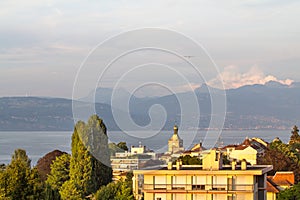 View over Evian and Geneva Lake, France