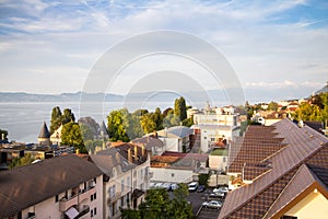 View over Evian and Geneva Lake, France