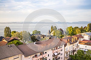 View over Evian and Geneva Lake, France