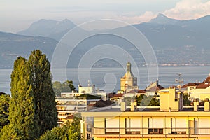 View over Evian and Geneva Lake, France