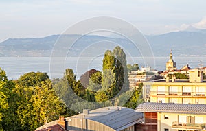 View over Evian and Geneva Lake, France