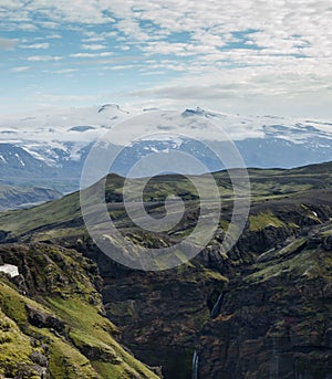 View over eyjafjallajÃ¶kull vulcano and glacier on Iceland