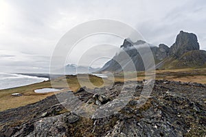 View over Eystrahorn mountain chain and Hvalnes beach next to the Ring road