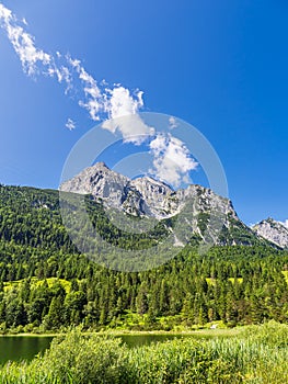 View over the Ferchensee lake to the Wetterstein Mountains near Mittenwald, Germany
