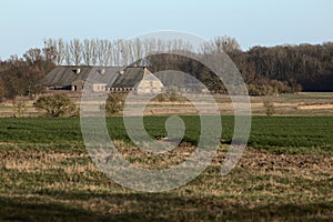 View over fields and storage building in rural Mecklenburg-Vorpommern