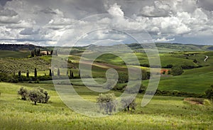 View over fields, vineyards, olive groves and farmhouses south of Pienza in Val D`Orcia San Quirico Tuscany Italy