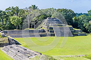 A view over the first plaza in the ancient Mayan city ruins of Altun Ha in Belize