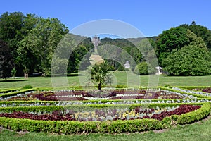 View over flowerbed at Castle Wilhelmhohe to Hercules monument, Wilhelmshoehe Mountainpark, Bergpark, Castle Park, Germany