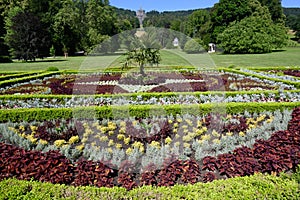 View over flowerbed at Castle Wilhelmhohe to Hercules monument, Wilhelmshoehe Mountainpark, Bergpark, Castle Park, Germany